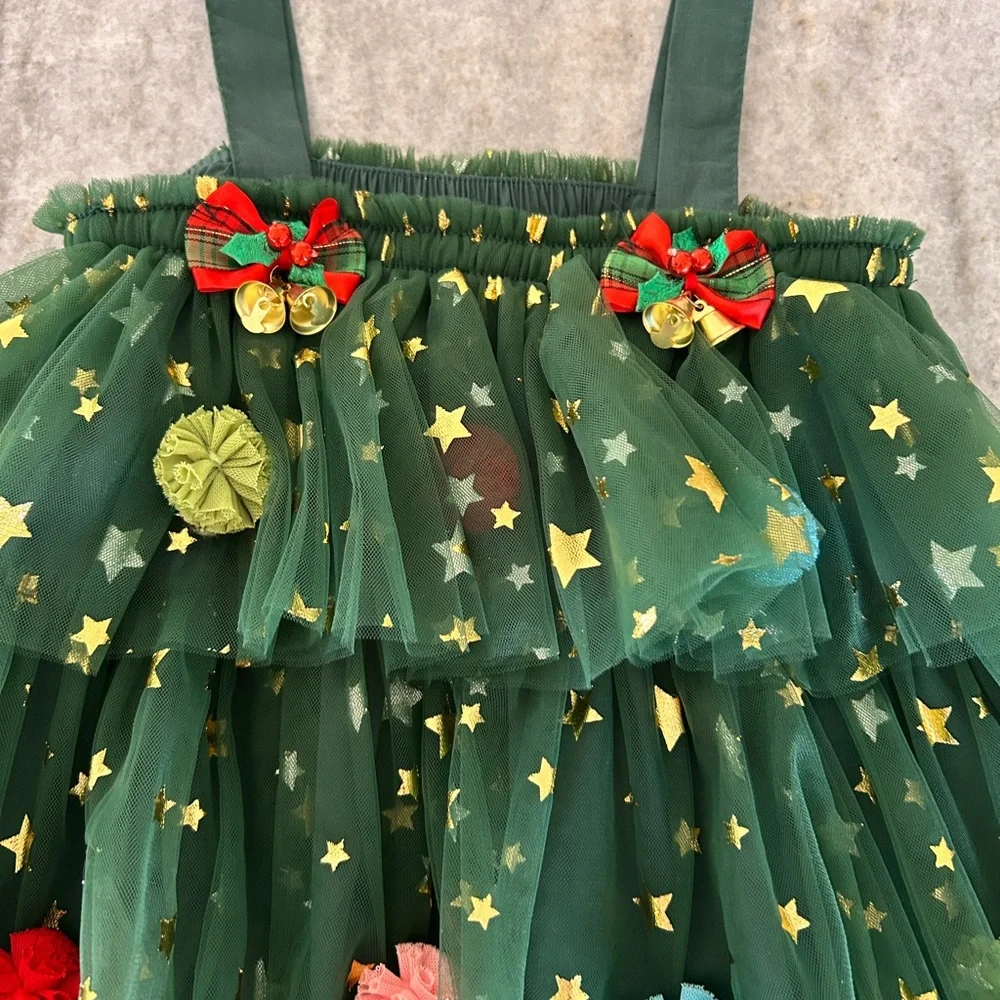 Festive Christmas Tree Costume Dress with Pom-Pom Ornaments